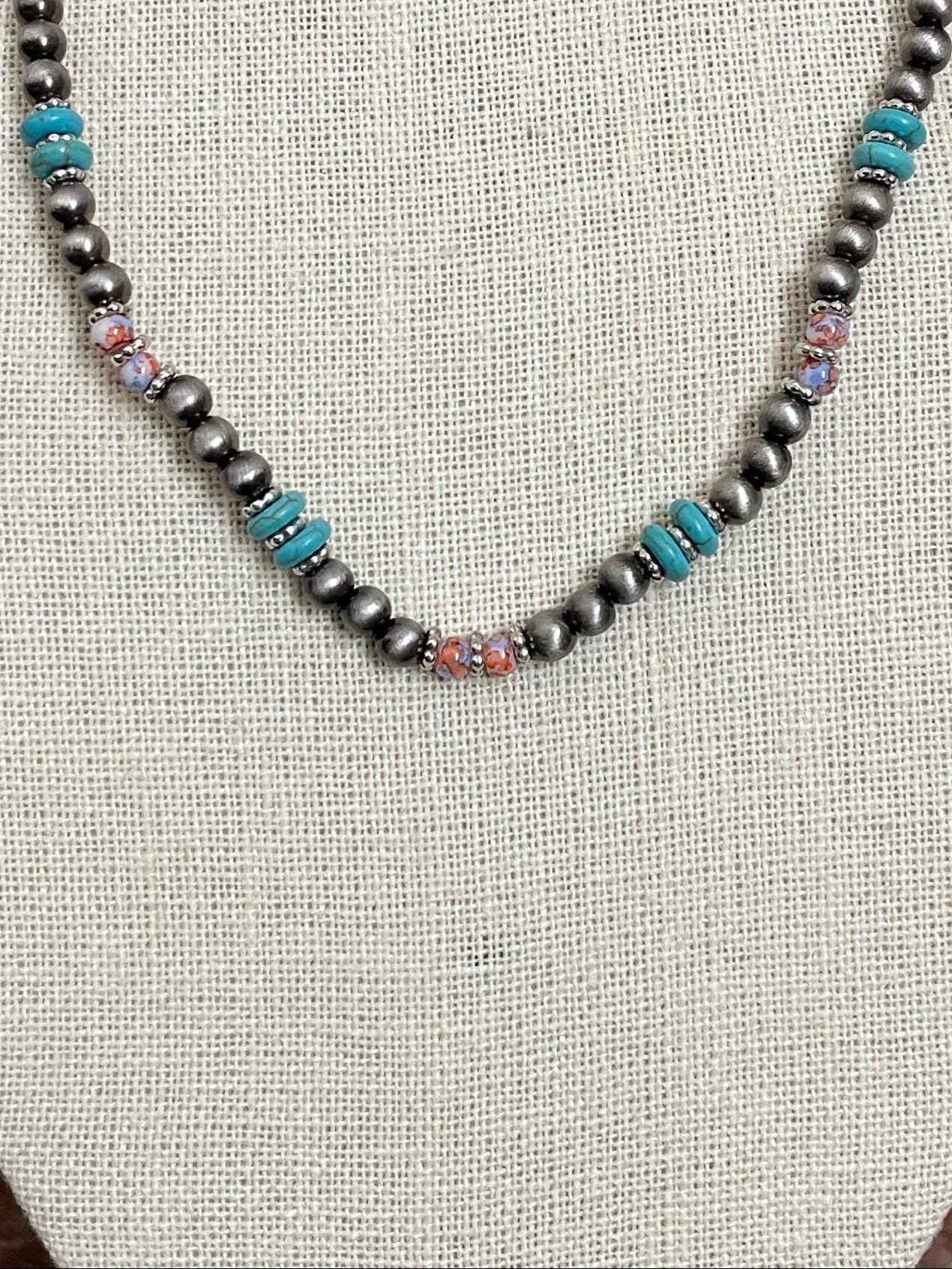 Navajo Style Pearl Necklace with Turquoise, Orange & Purple
