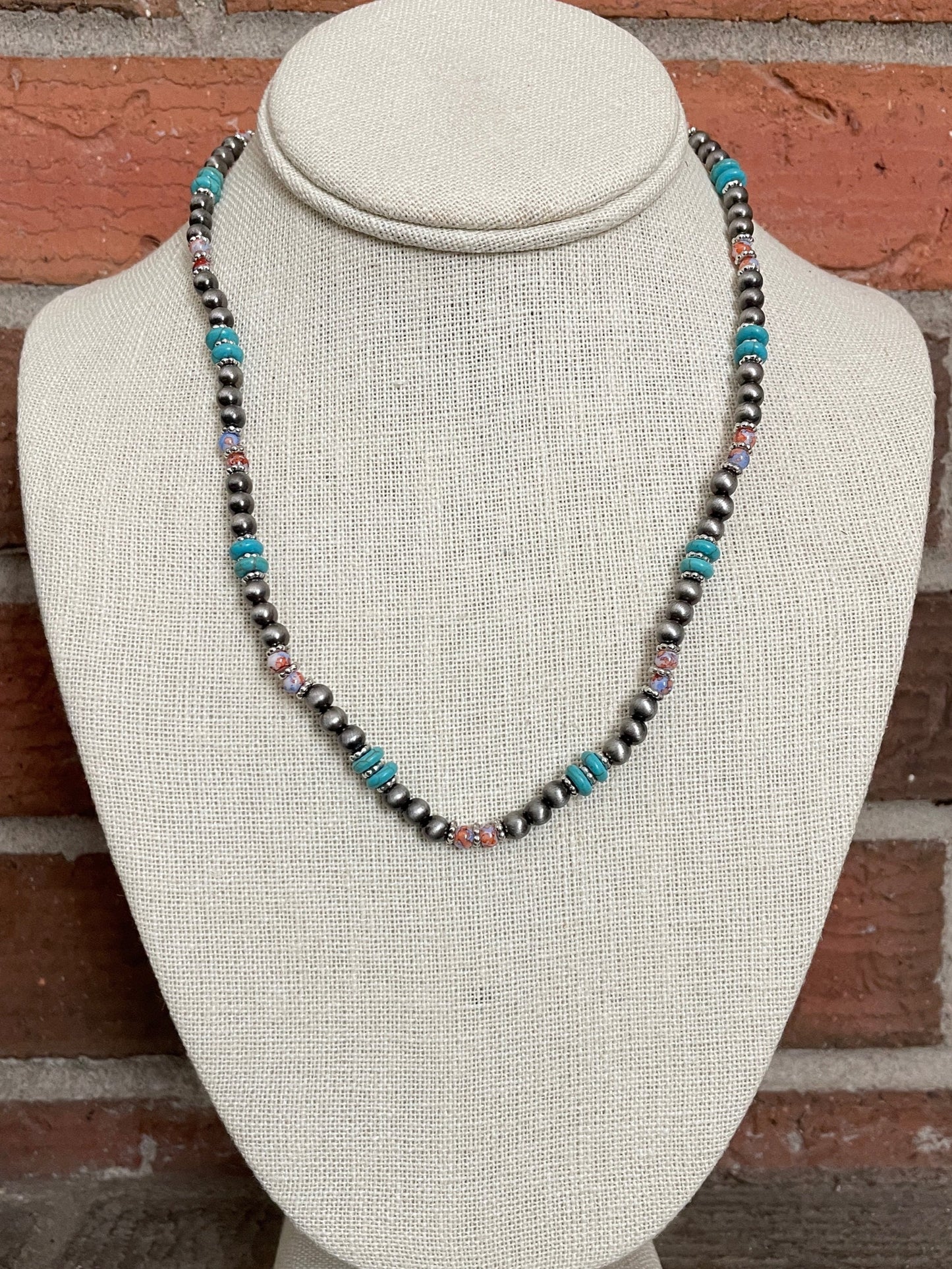 Navajo Style Pearl Necklace with Turquoise, Orange & Purple