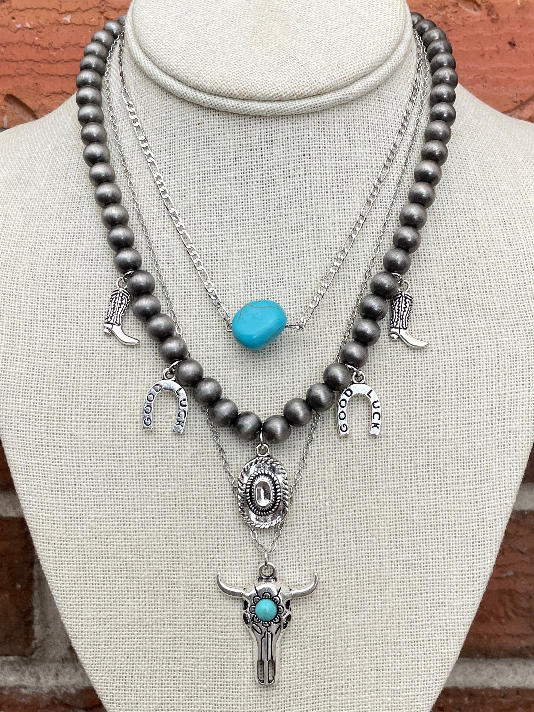 Navajo Style Pearl Western Charm Necklace Set