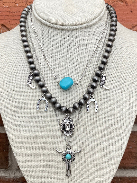 Navajo Style Pearl Western Charm Necklace Set