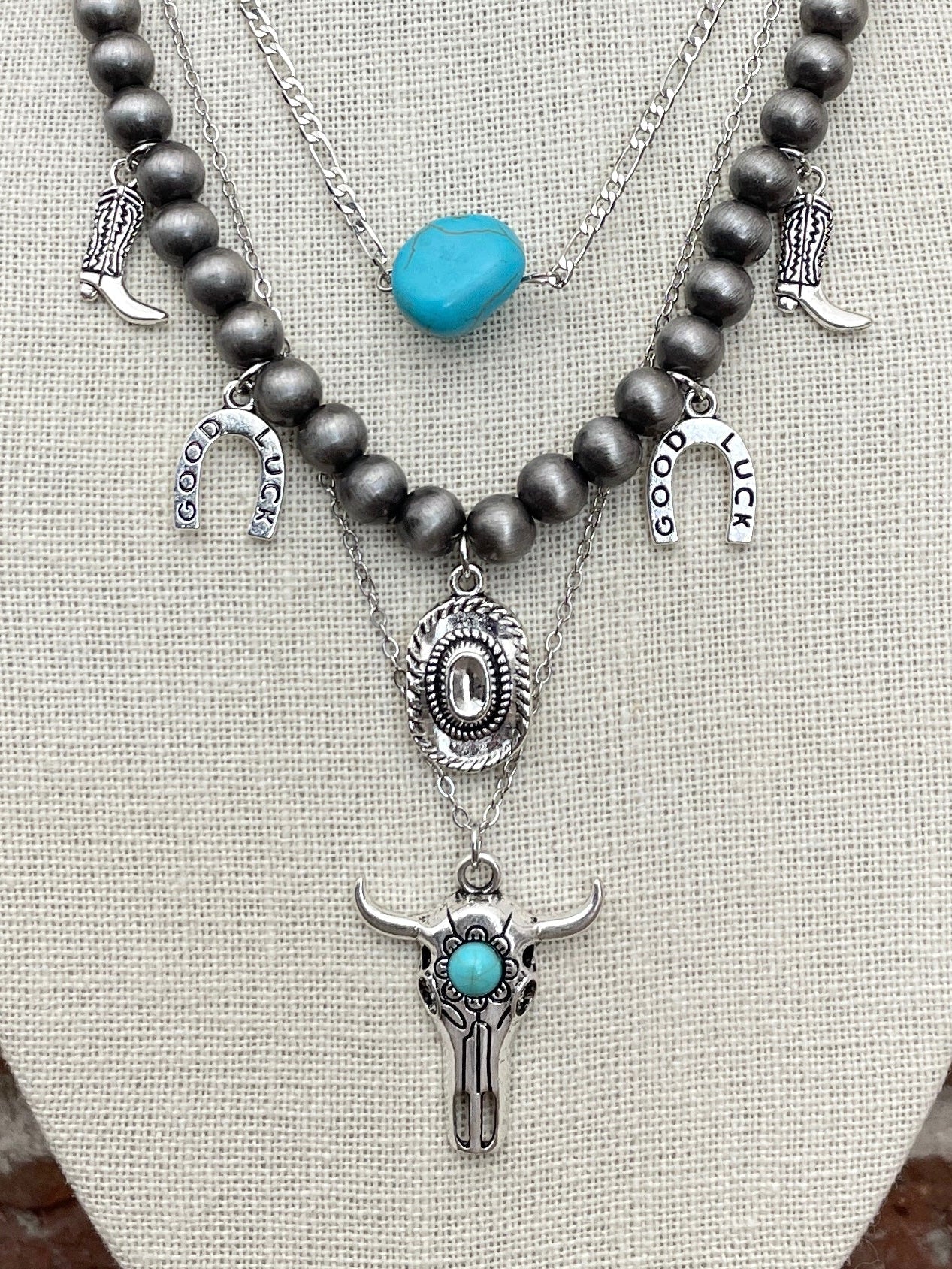 Navajo Style Pearl Western Charm Necklace Set