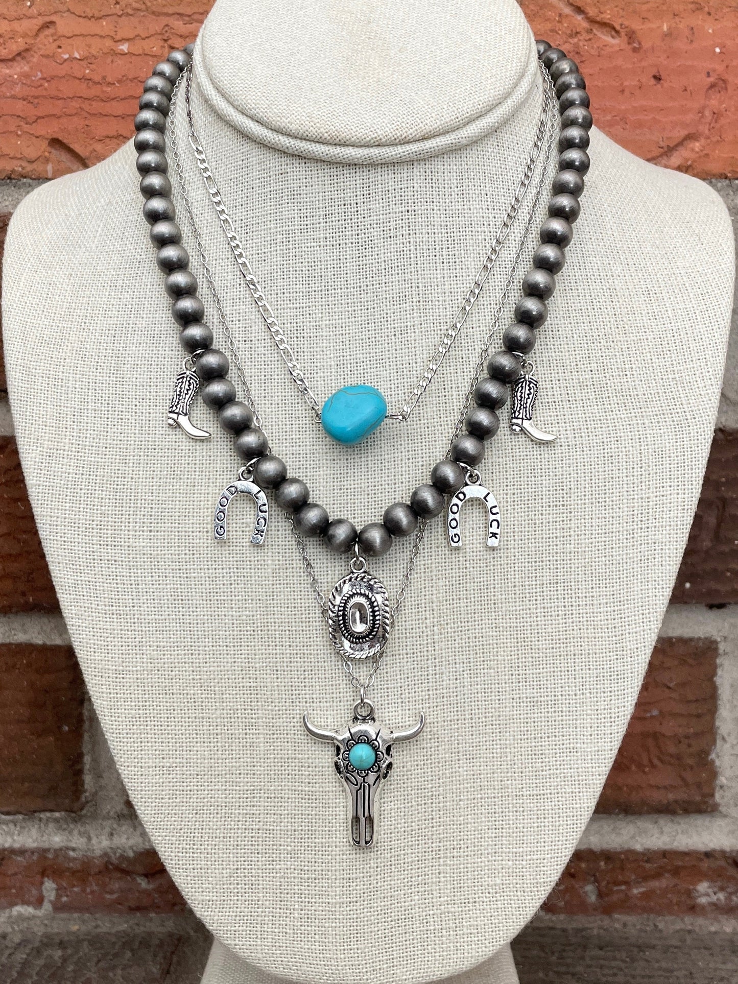 Navajo Style Pearl Western Charm Necklace Set