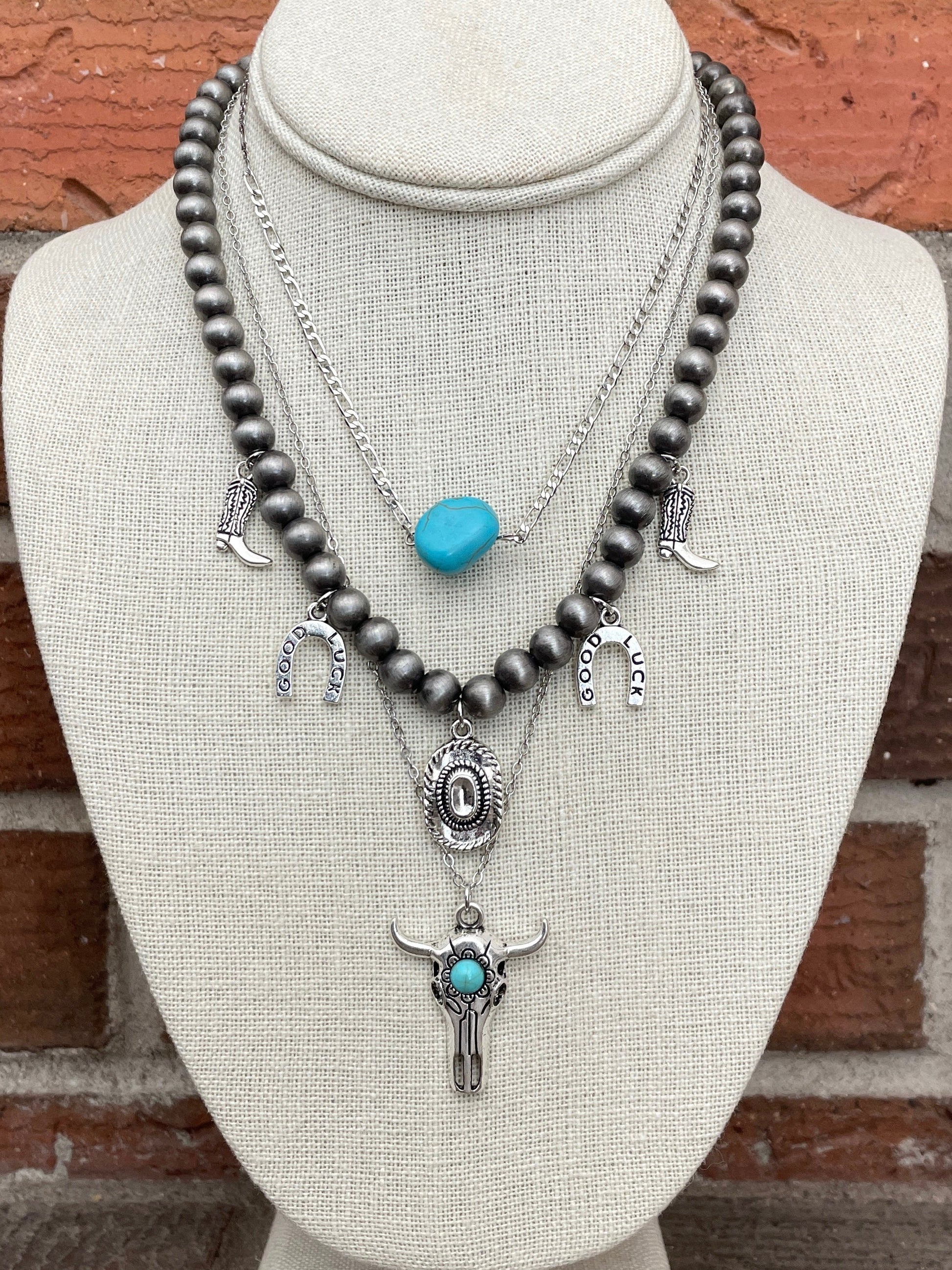 Navajo Style Pearl Western Charm Necklace Set