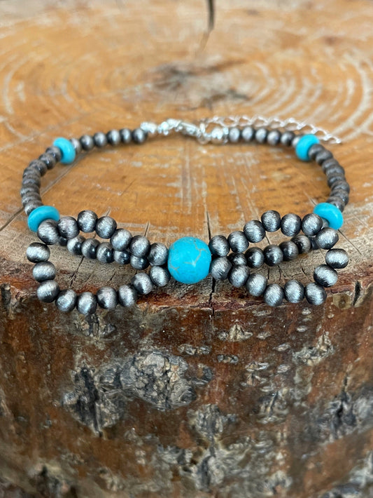 Navajo Style Pearl and Turquoise Disk Bow Bracelet