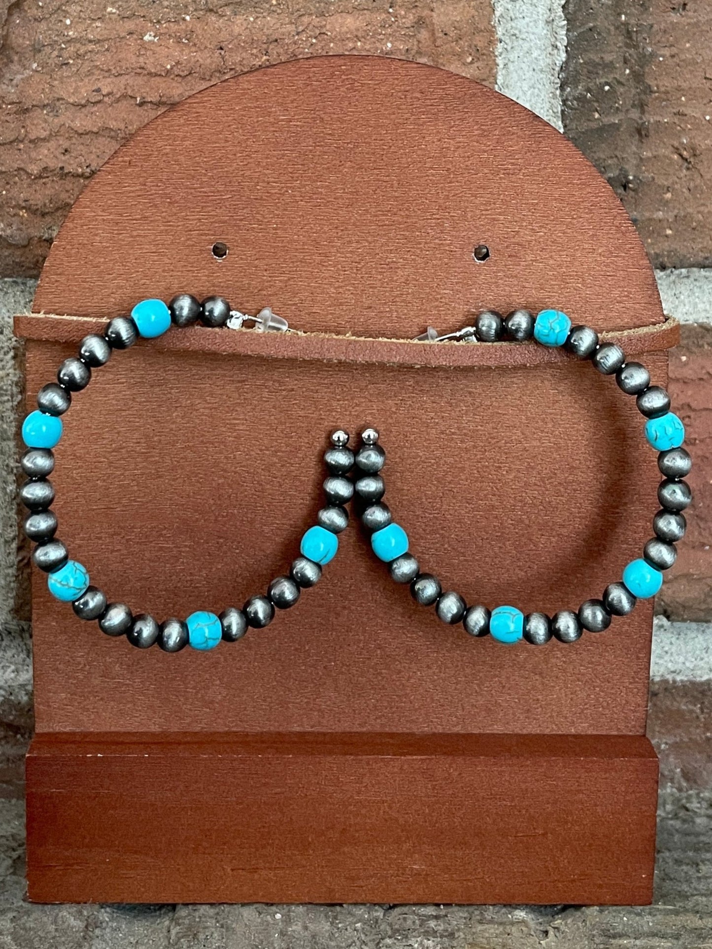 Navajo Style Pearl and Turquoise Hoop Earrings