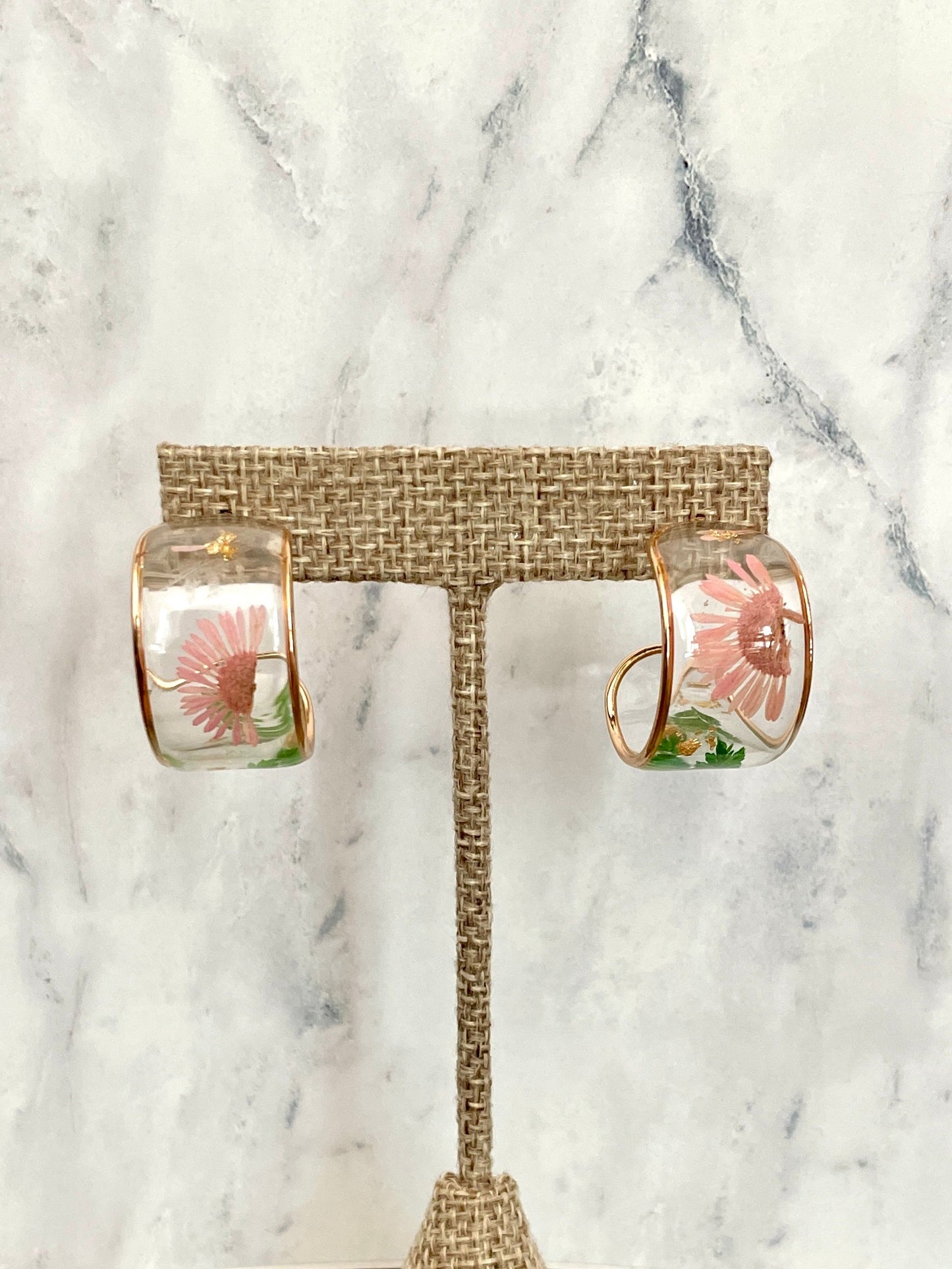 Pink Wildflower Resin Hoop Earrings