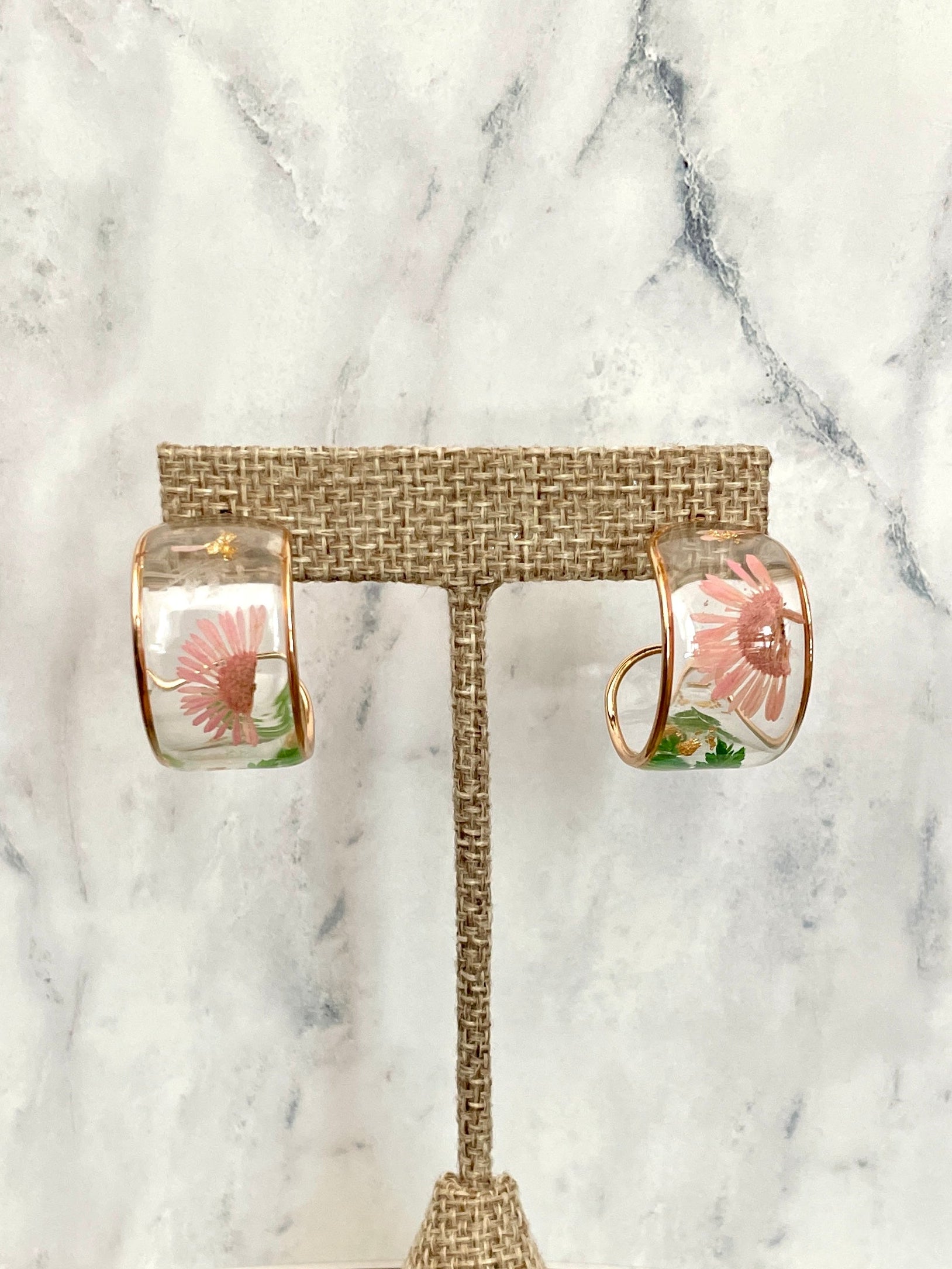 Pink Wildflower Resin Hoop Earrings