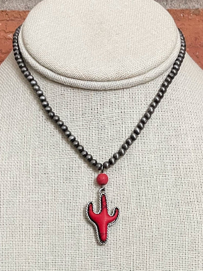 Red Saguaro Cactus and Navajo Style Pearl Choker Necklace