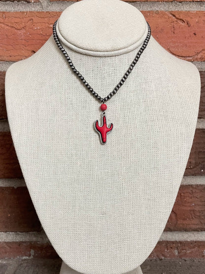 Red Saguaro Cactus and Navajo Style Pearl Choker Necklace