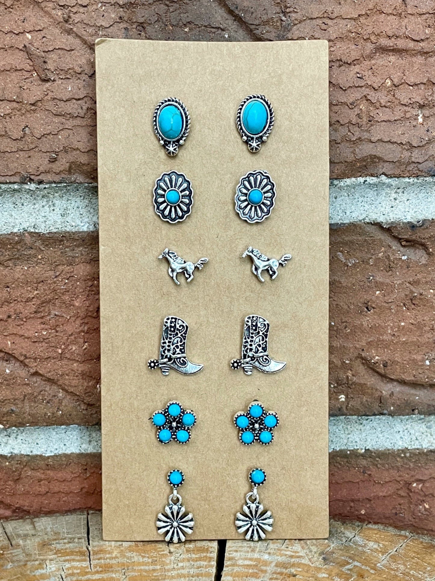 Running Horse and Turquoise Concho Stud Earring Set