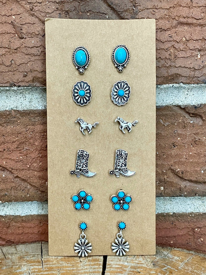 Running Horse and Turquoise Concho Stud Earring Set