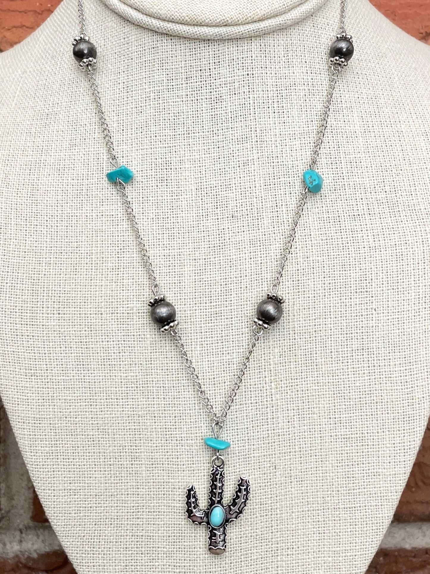Saguaro Cactus Necklace with Navajo Style Pearl & Turquoise Beaded Chain