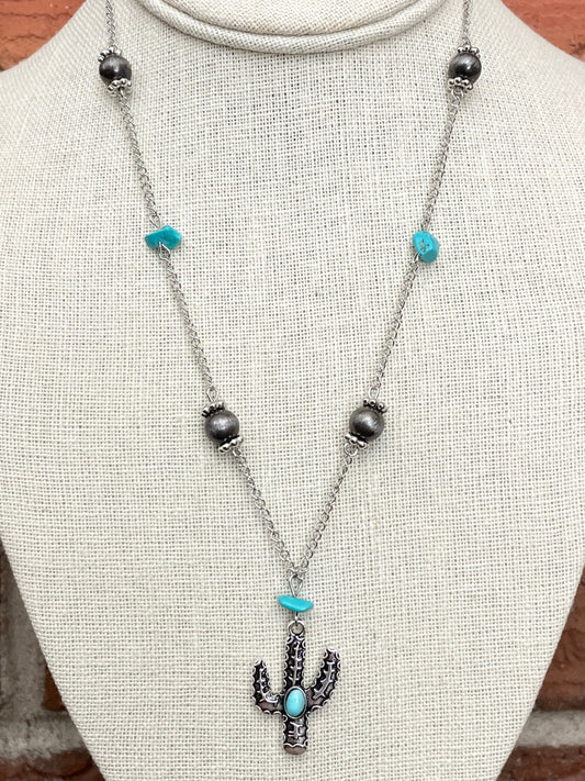 Saguaro Cactus Necklace with Navajo Style Pearl & Turquoise Beaded Chain