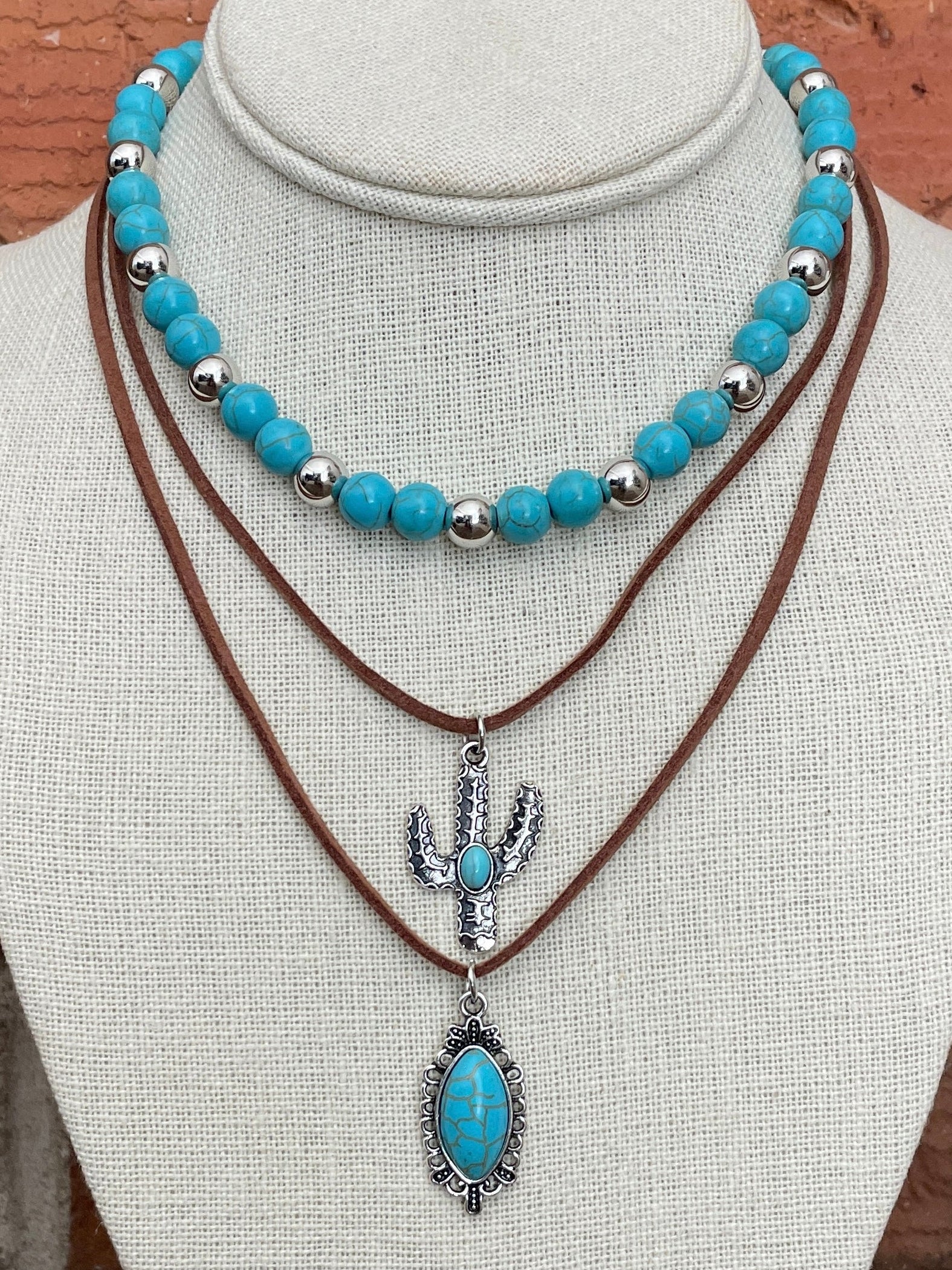 Saguaro Cactus & Turquoise Pendant Necklace Set with Faux Leather