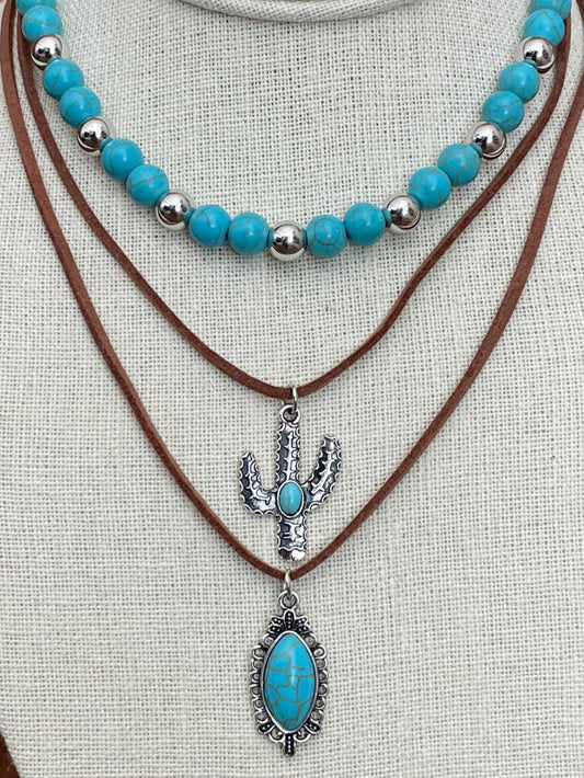 Saguaro Cactus & Turquoise Pendant Necklace Set with Faux Leather