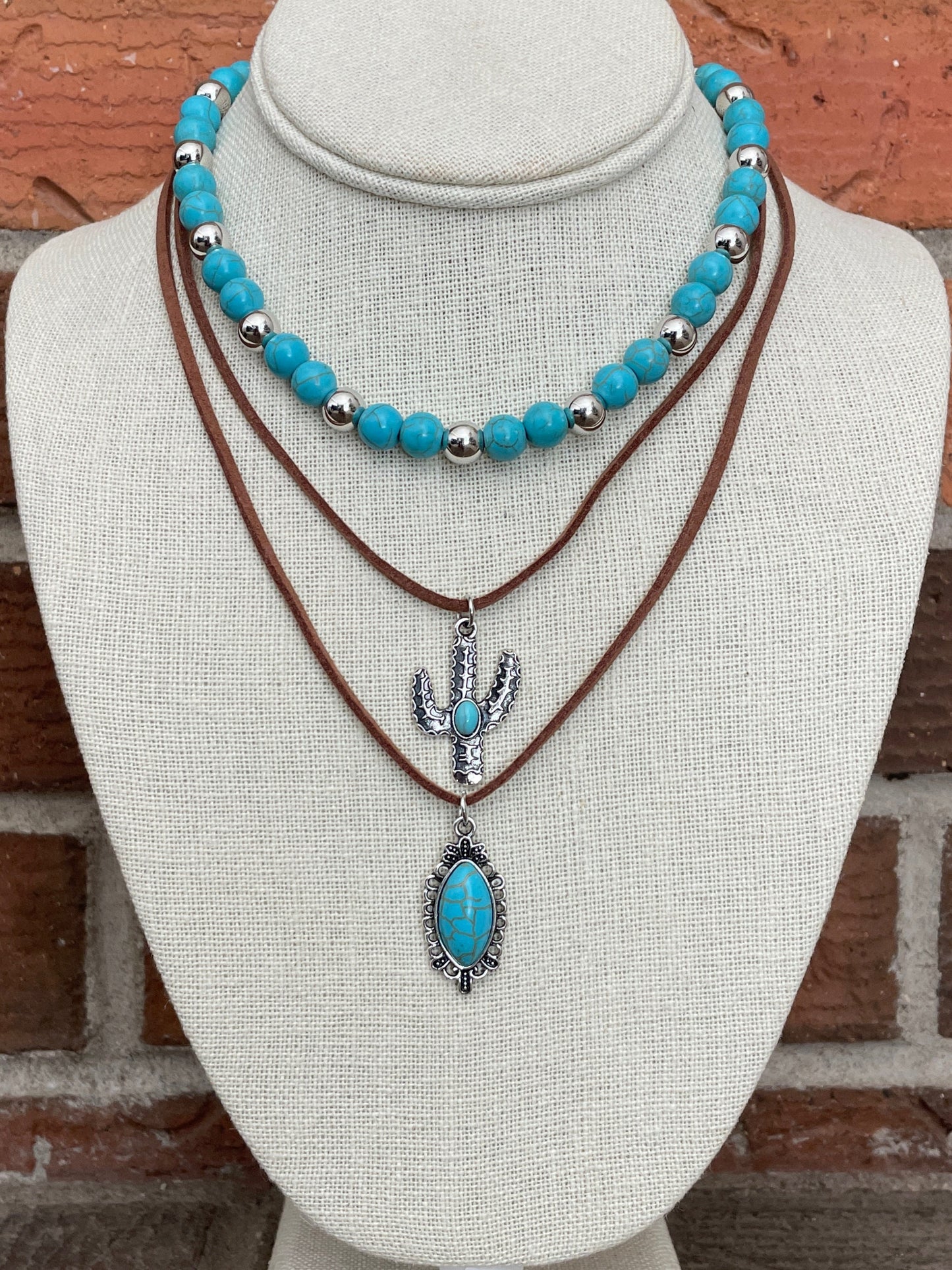 Saguaro Cactus & Turquoise Pendant Necklace Set with Faux Leather