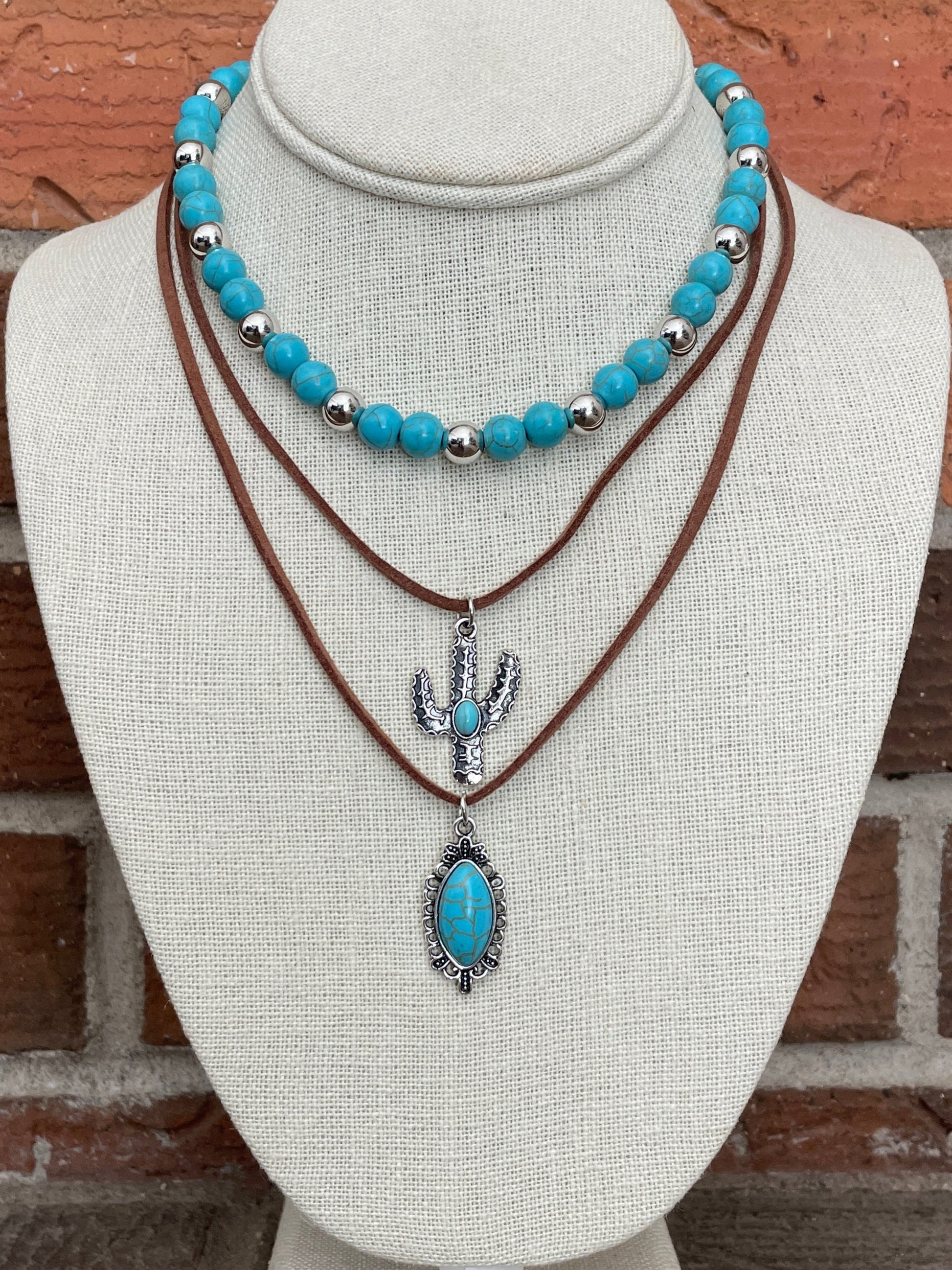 Saguaro Cactus & Turquoise Pendant Necklace Set with Faux Leather