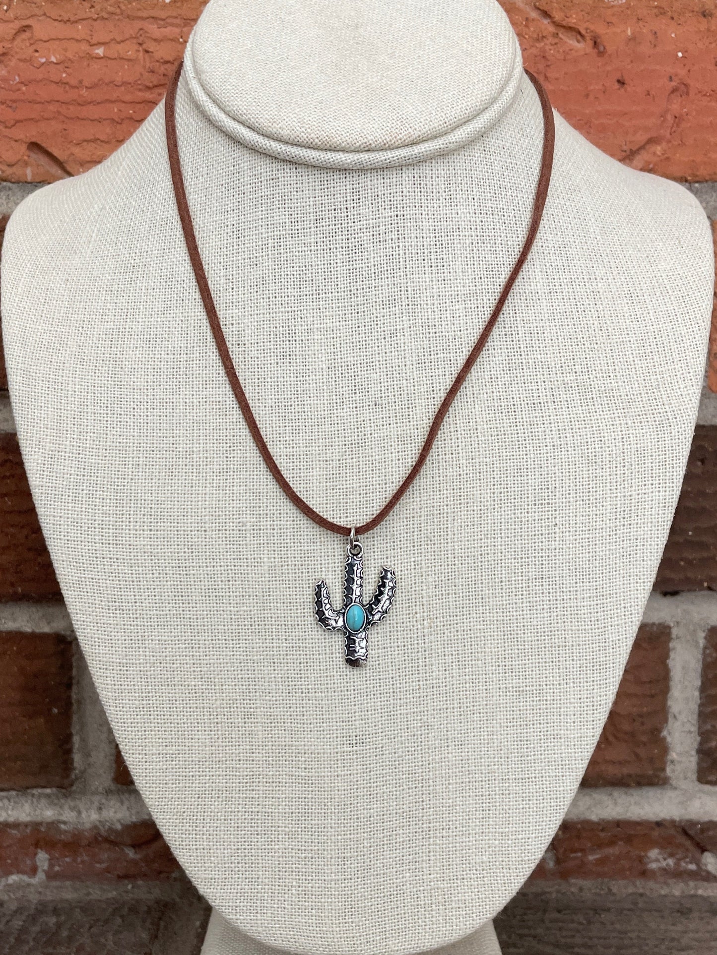 Saguaro Cactus & Turquoise Pendant Necklace Set with Faux Leather