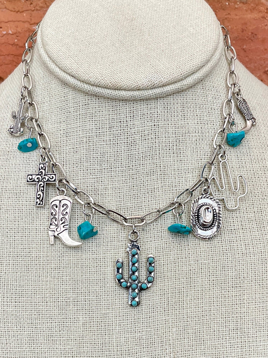 Saguaro Cactus and Turquoise Charm Necklace
