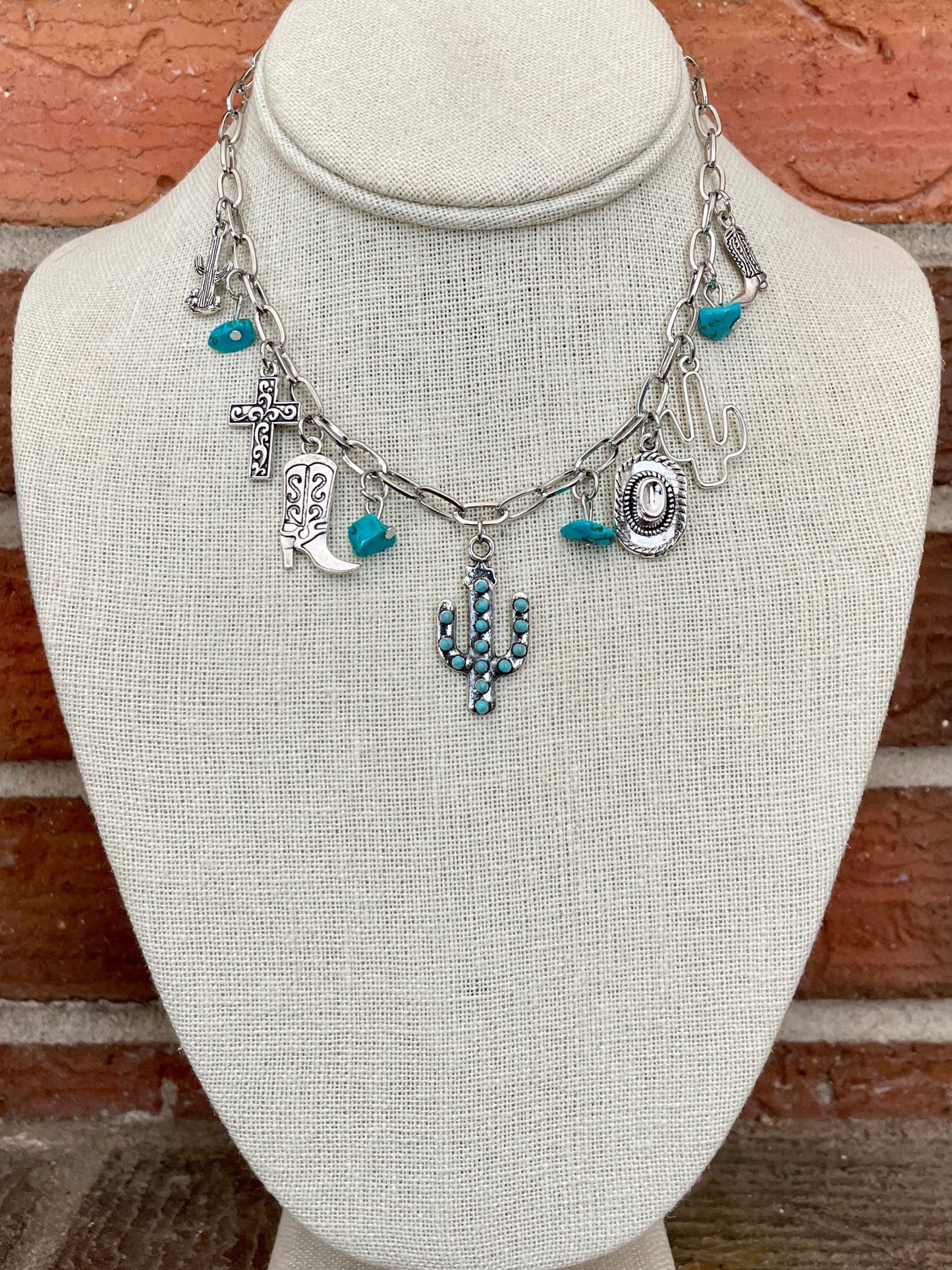 Saguaro Cactus and Turquoise Charm Necklace