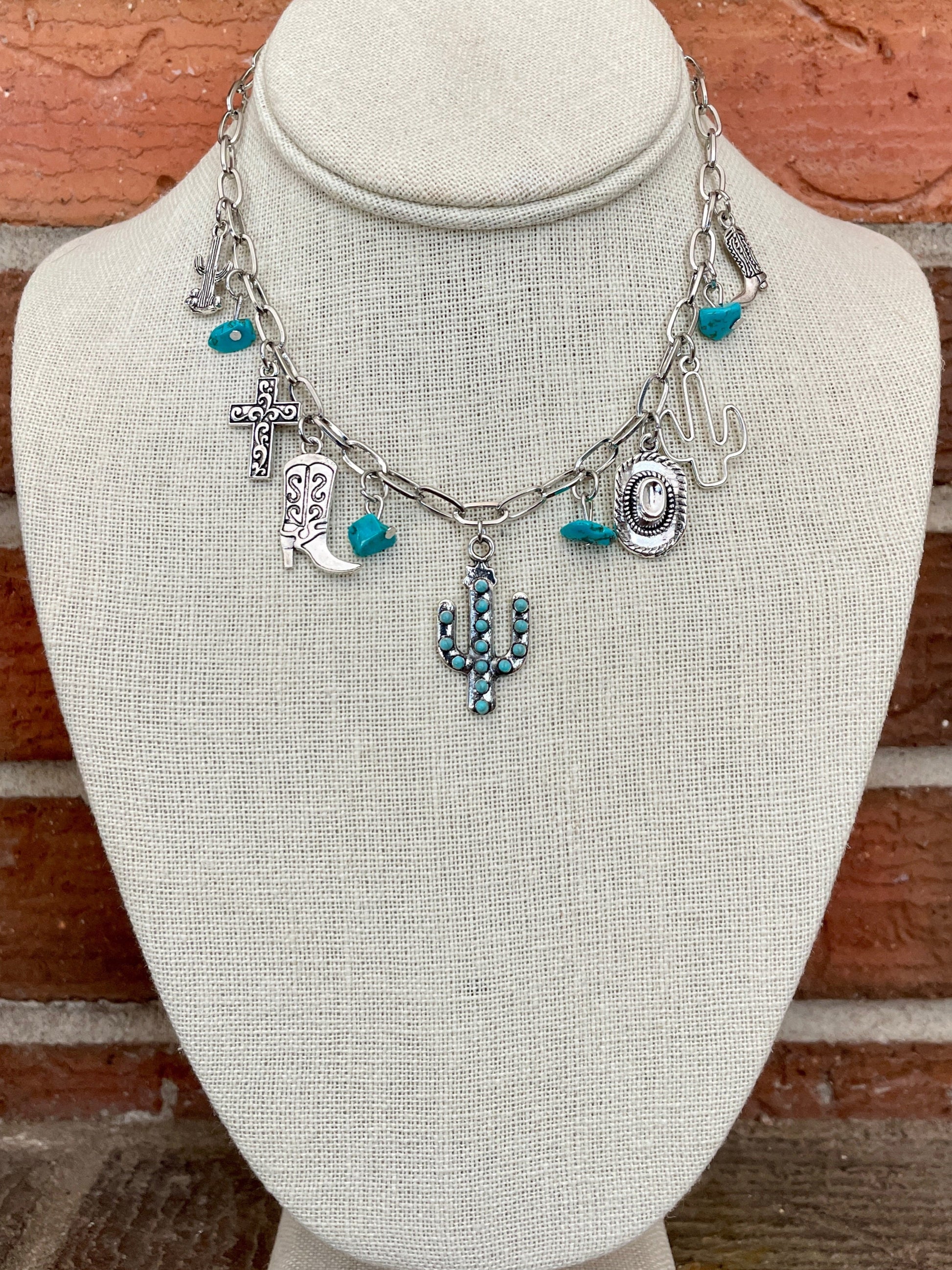 Saguaro Cactus and Turquoise Charm Necklace