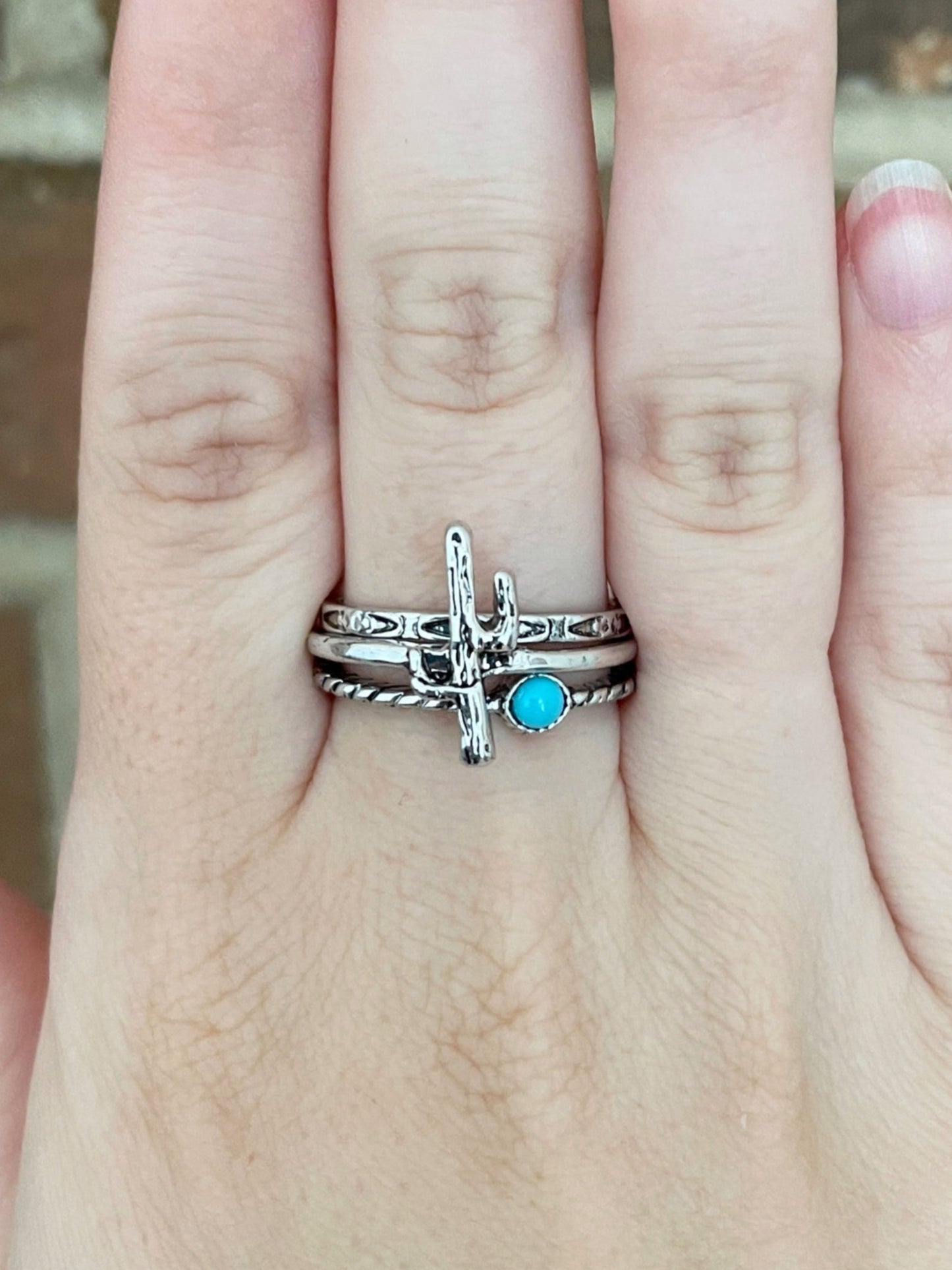 Saguaro Cactus and Turquoise Stacking Ring Set