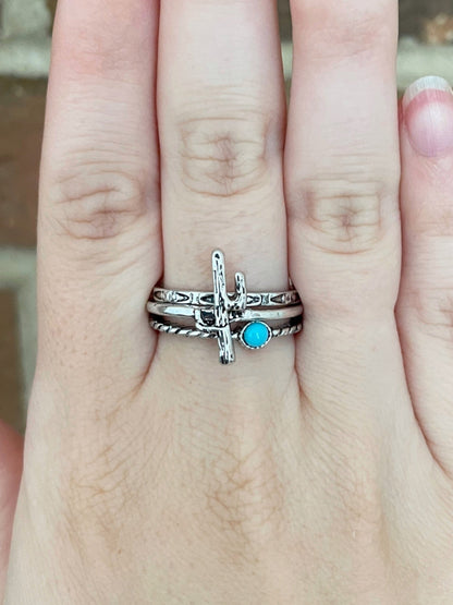 Saguaro Cactus and Turquoise Stacking Ring Set