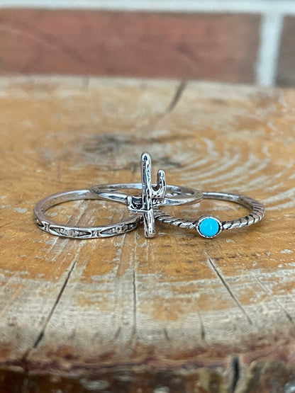 Saguaro Cactus and Turquoise Stacking Ring Set