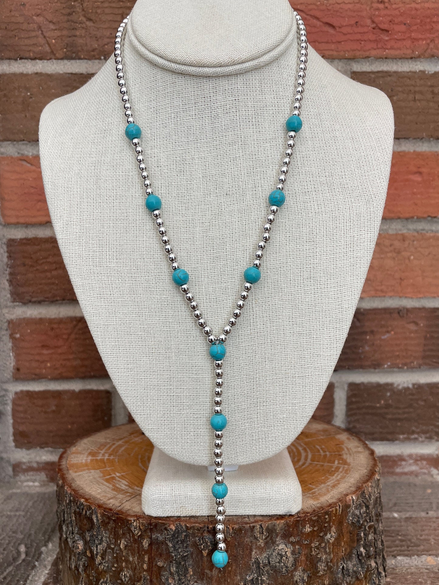 Silver Beaded Lariat Necklace with Turquoise