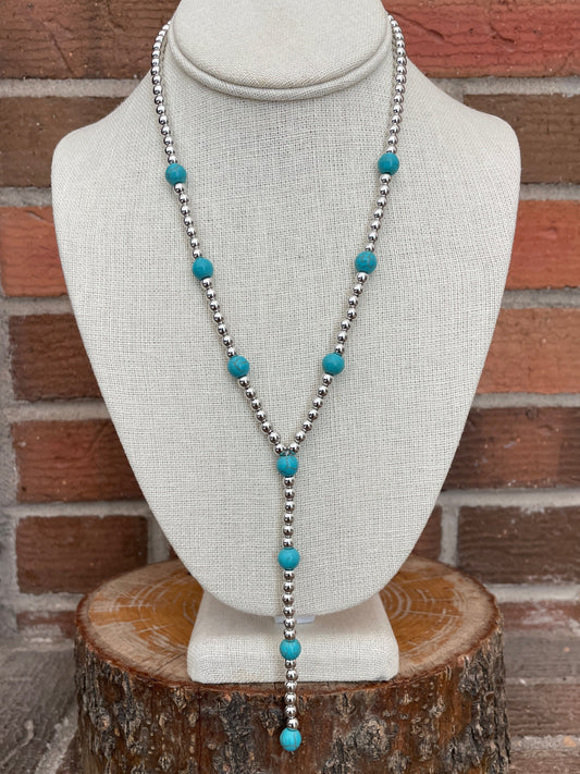 Silver Beaded Lariat Necklace with Turquoise