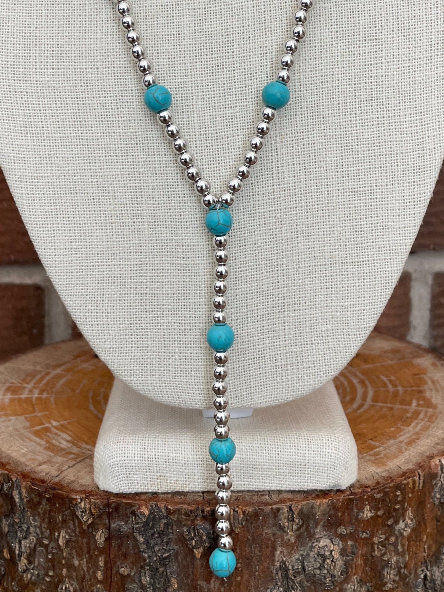 Silver Beaded Lariat Necklace with Turquoise