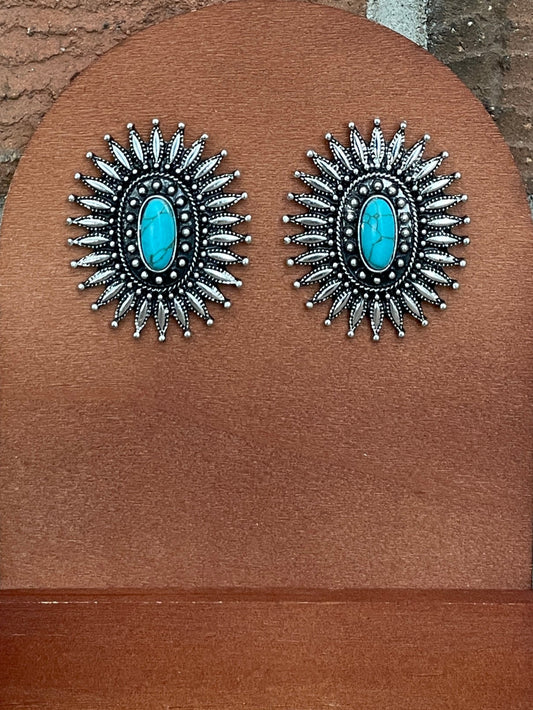 Silver Sunburst Cluster Earrings with Turquoise