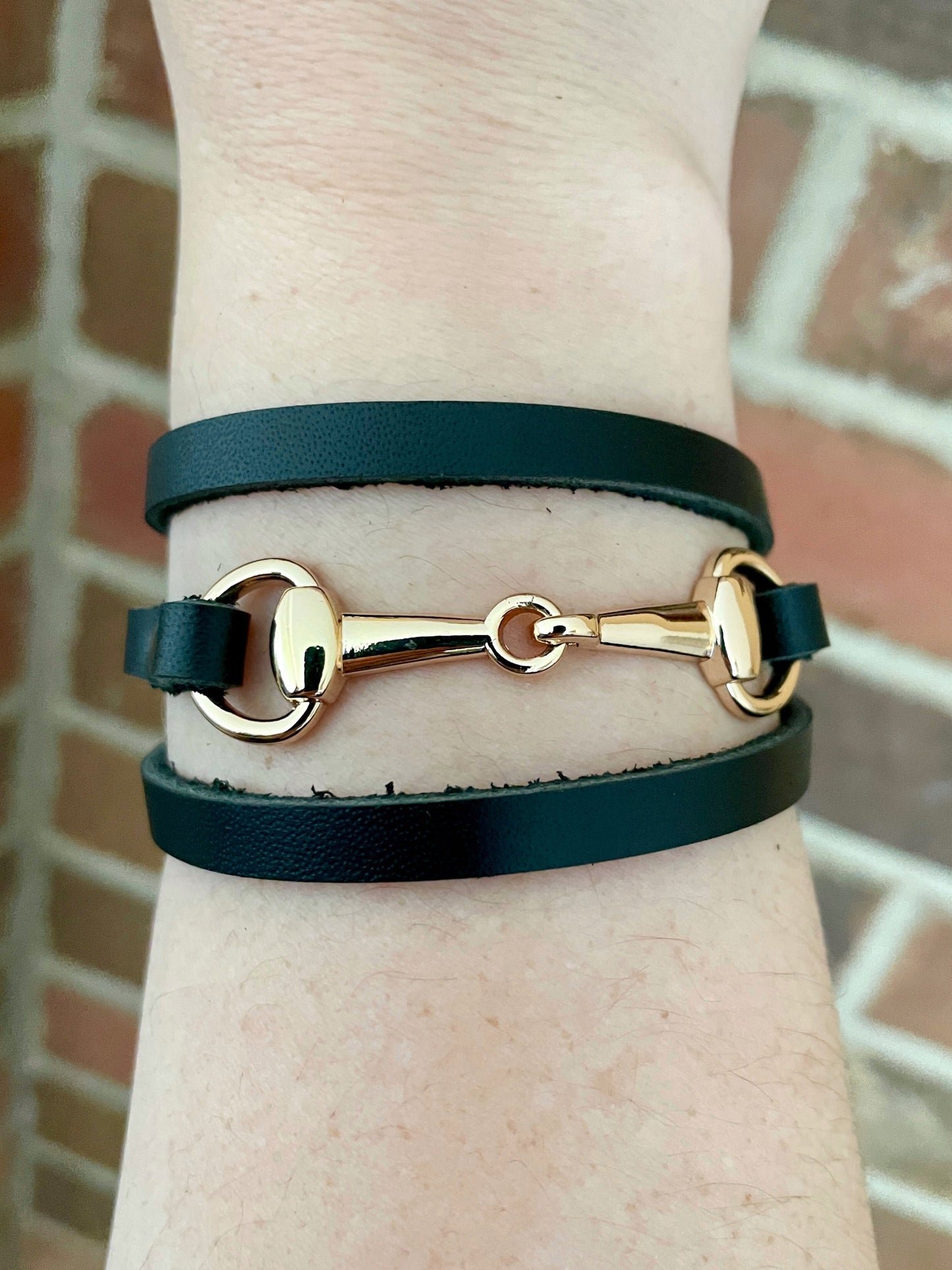 Snaffle Bit Wrap Bracelet with Black Genuine Leather - Gold