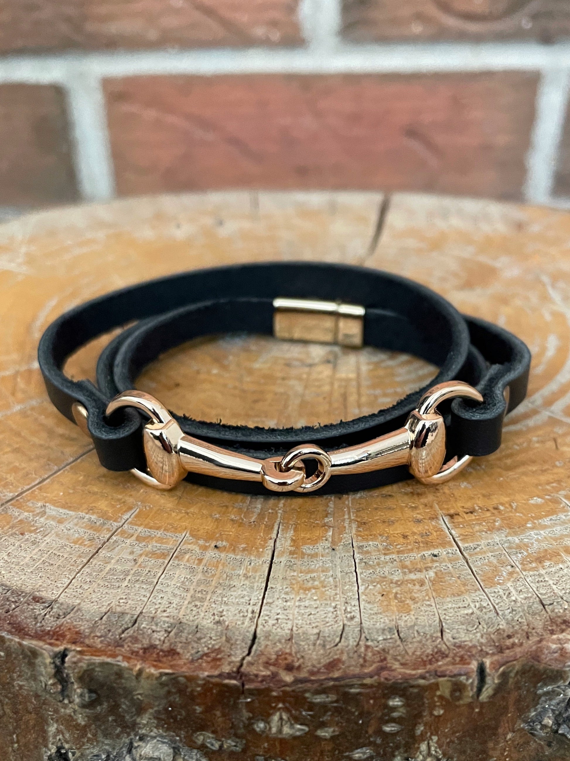 Snaffle Bit Wrap Bracelet with Black Genuine Leather - Gold