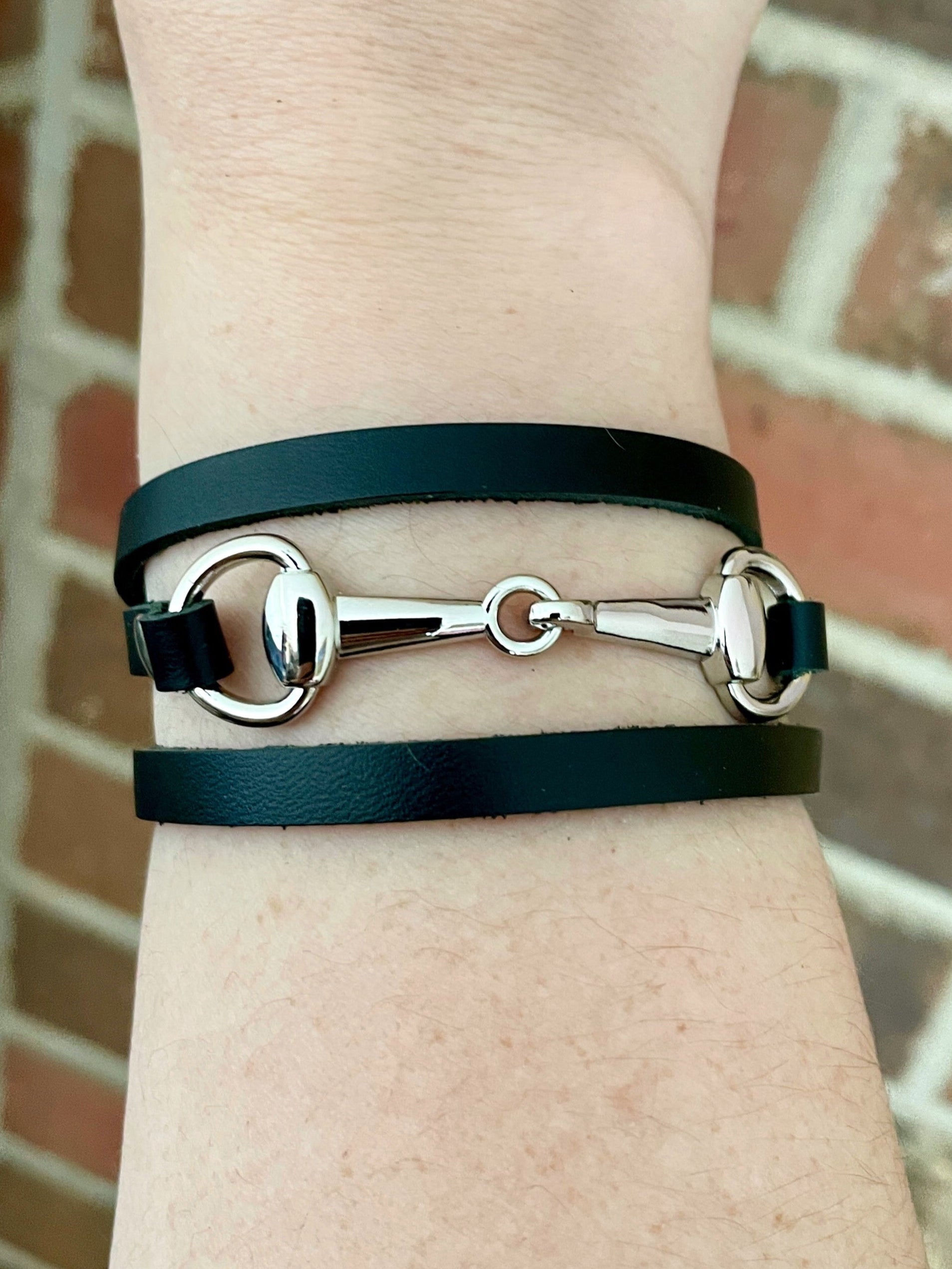 Snaffle Bit Wrap Bracelet with Black Genuine Leather - Silver