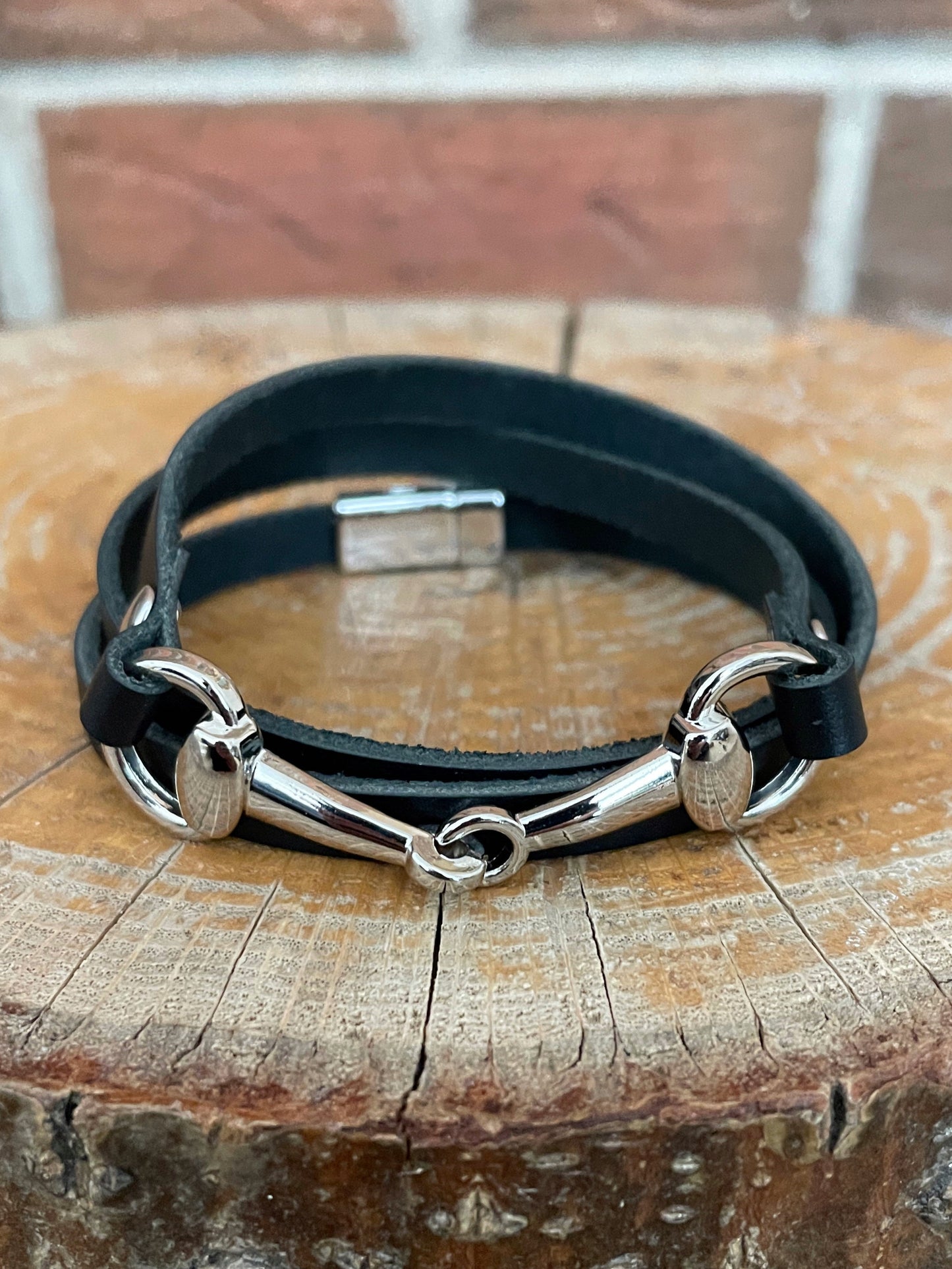 Snaffle Bit Wrap Bracelet with Black Genuine Leather - Silver