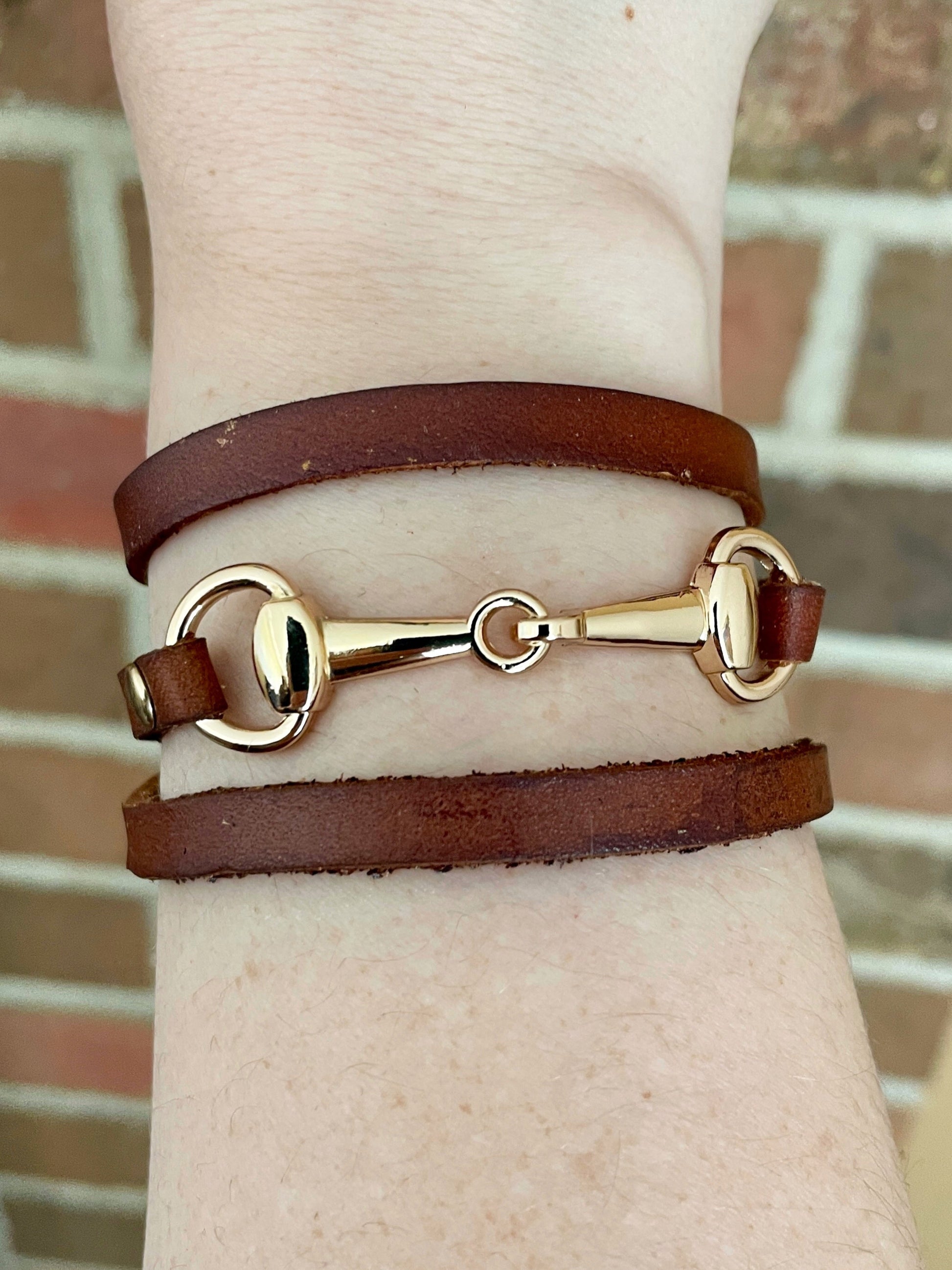 Snaffle Bit Wrap Bracelet with Brown Genuine Leather - Gold