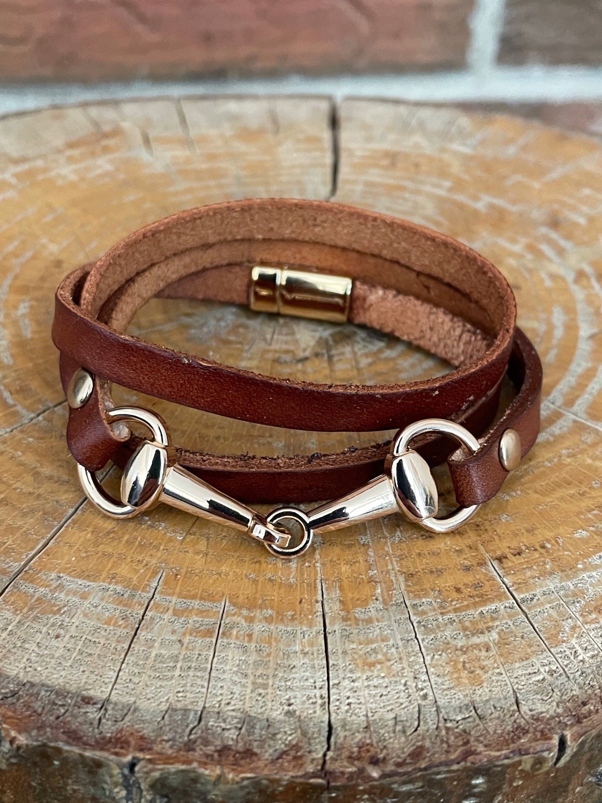 Snaffle Bit Wrap Bracelet with Brown Genuine Leather - Gold