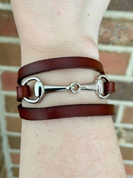 Snaffle Bit Wrap Bracelet with Brown Genuine Leather - Silver