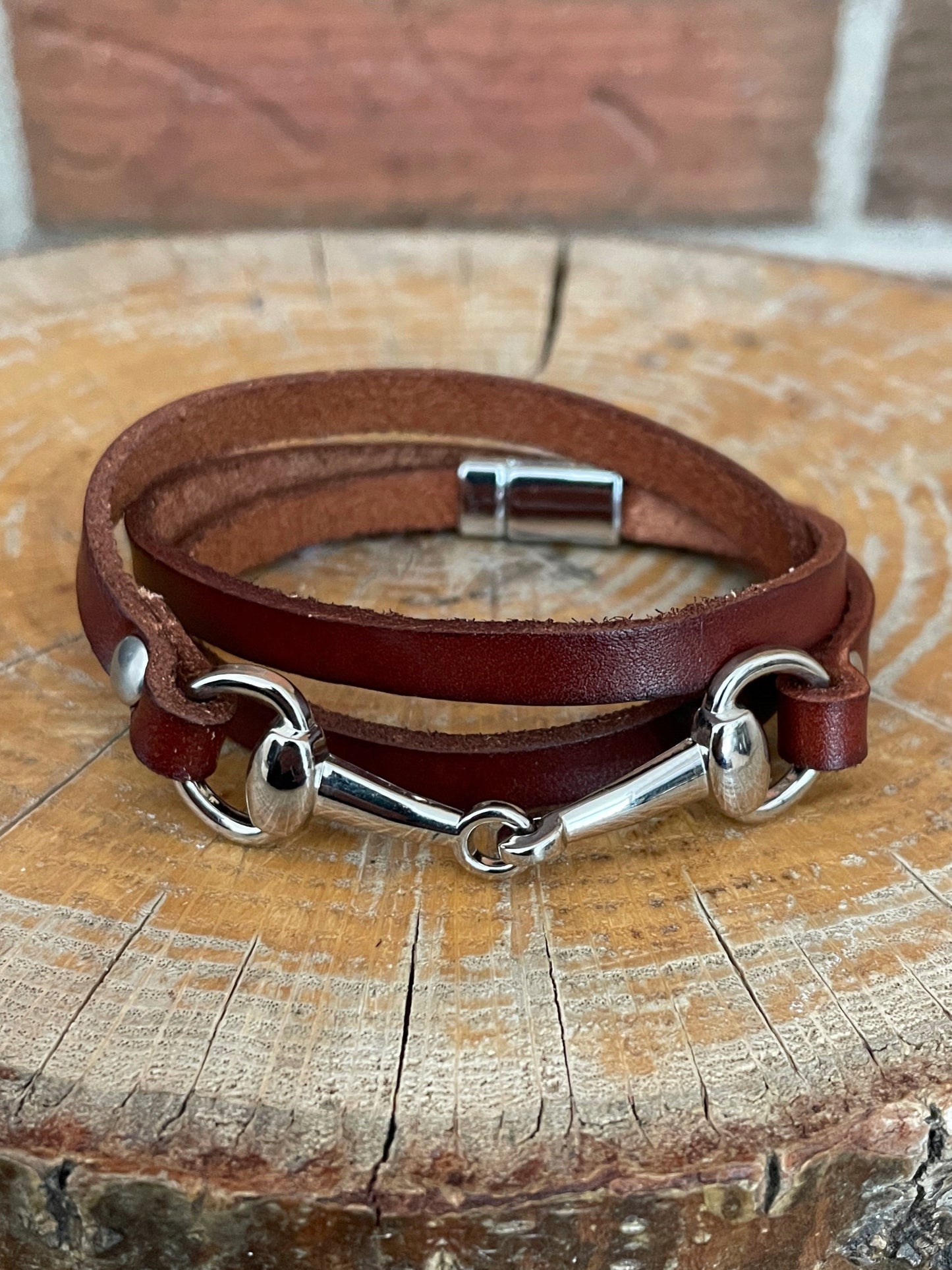 Snaffle Bit Wrap Bracelet with Brown Genuine Leather - Silver