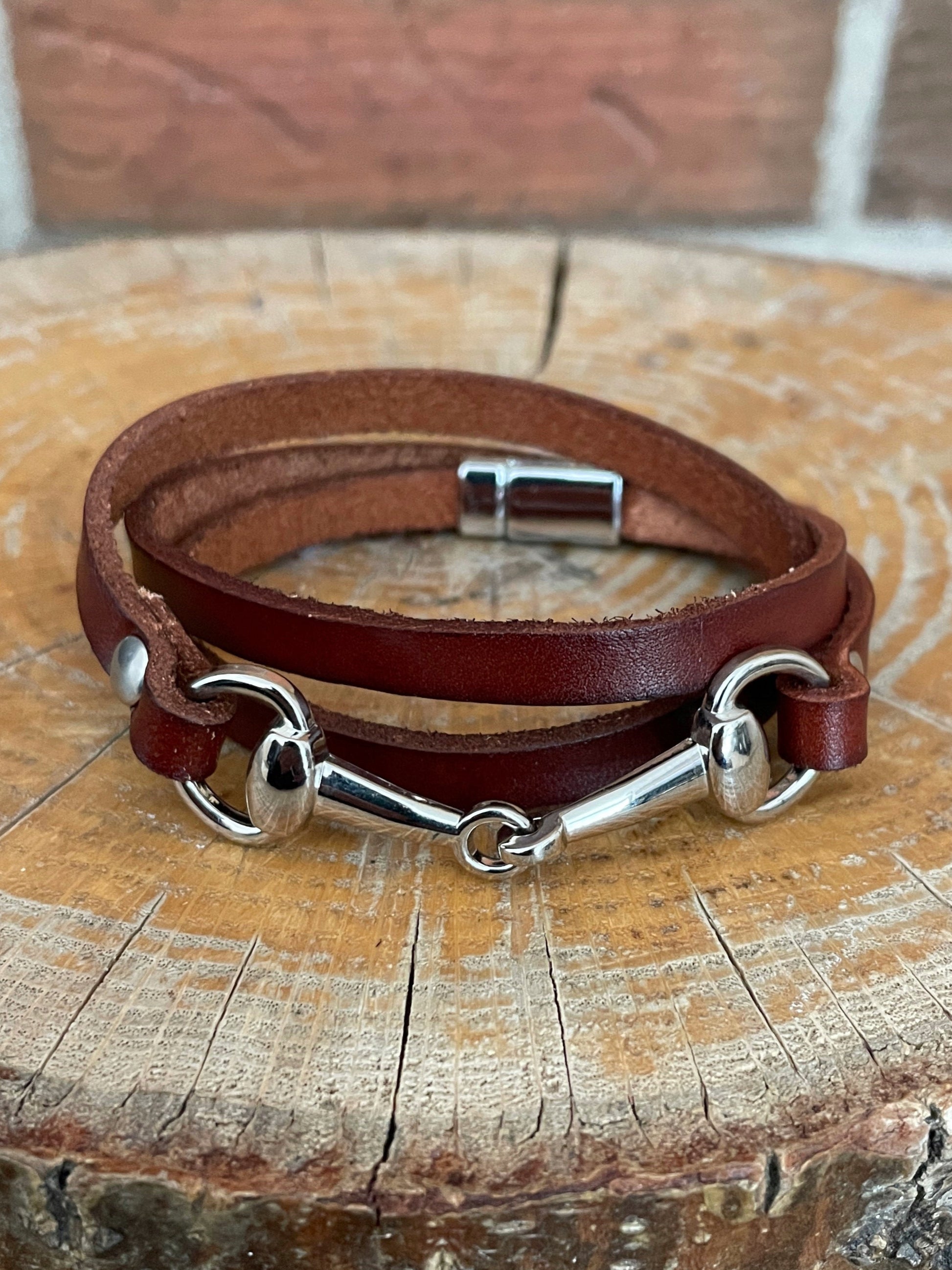 Snaffle Bit Wrap Bracelet with Brown Genuine Leather - Silver