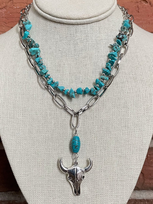 Steer Skull with Paperclip Chain and Turquoise Necklace Set