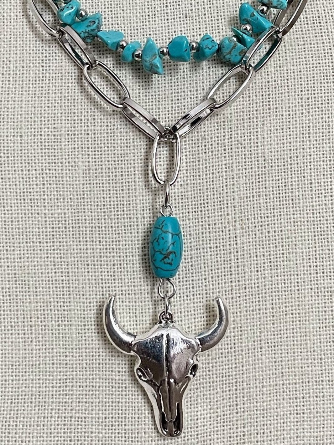 Steer Skull with Paperclip Chain and Turquoise Necklace Set