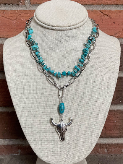 Steer Skull with Paperclip Chain and Turquoise Necklace Set