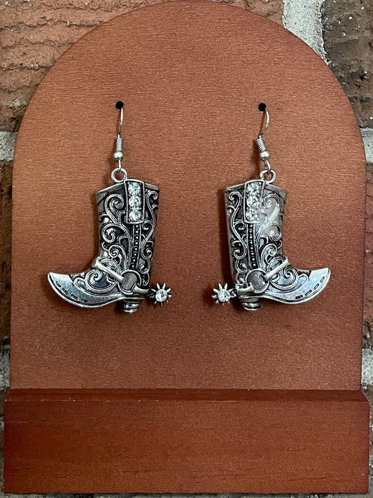 Tooled Cowgirl Boot Earrings with Rhinestones