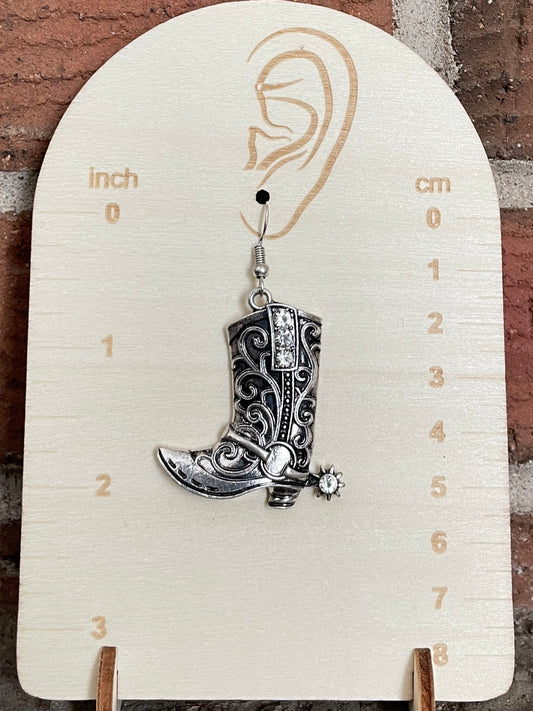 Tooled Cowgirl Boot Earrings with Rhinestones
