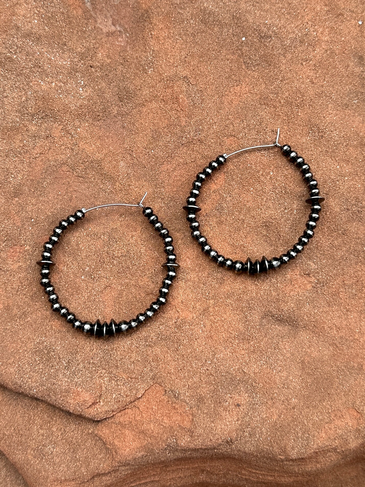 Triple Saucer Brushed Steel Western Pearl Hoop Earrings Red Saguaro Jewelry by Cimarron Red Saguaro Trading Post