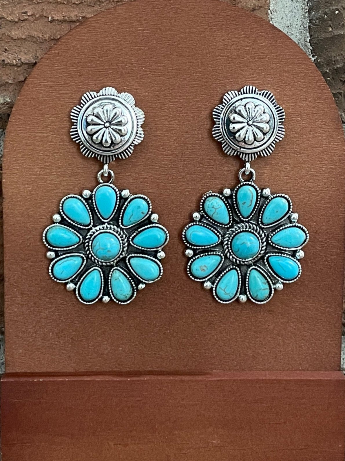 Turquoise Flower Cluster Concho Drop Earrings