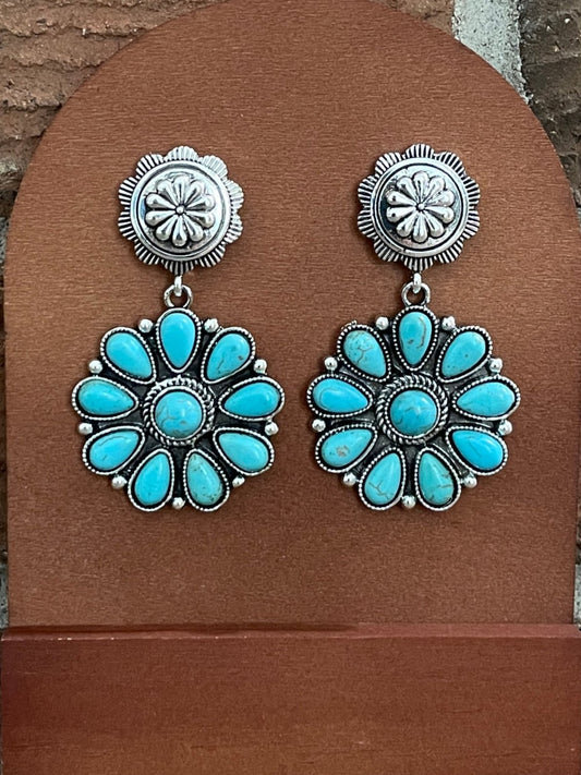 Turquoise Flower Cluster Concho Drop Earrings