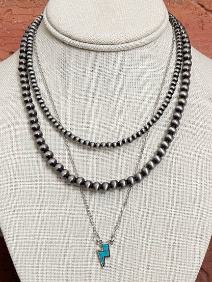 Turquoise Lightning Bolt and Navajo Style Pearl Necklace